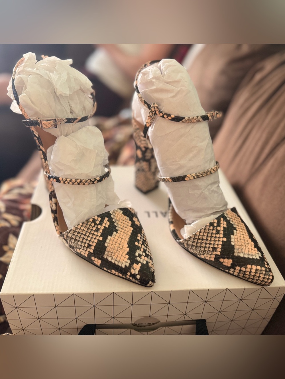 Call It Spring Snake-Print Pointed Strappy Block Heels - Black/light orange